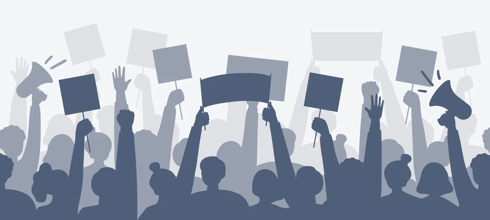 Illustration of a crowd with raised hands, placards and megaphones